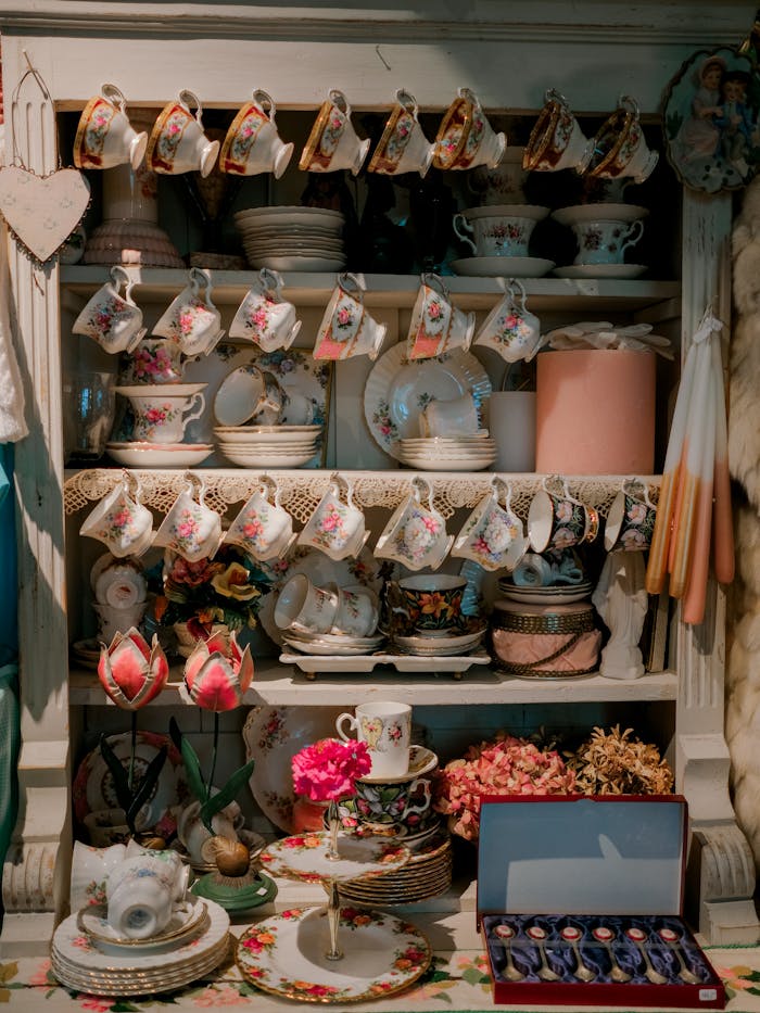 A vintage display of porcelain cups and plates adorned with delicate floral patterns.